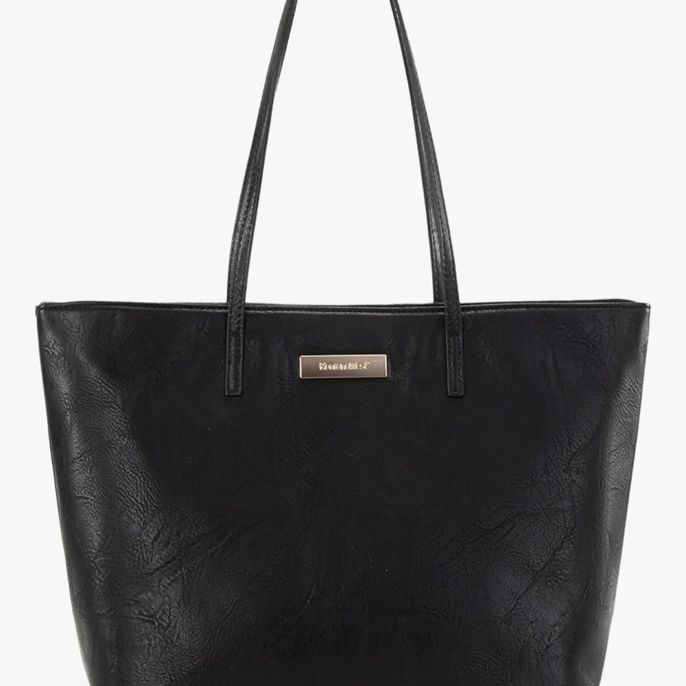 Black Leather-Textured Tote Bag